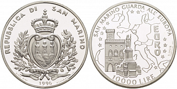 Сан-Марино 10000 лир 1996 Европарламент и карта KM 342 серебро PROOF 1068-3-34