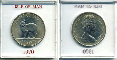 Остров Мэн 1 крона 1970 кошка Мэна, в оригинальной пластиковой коробке KM 18 медно-никель UNC 6-6-1-48