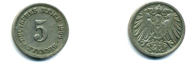 ГЕРМАНИЯ 5 ПФЕННИГОВ 1906 G, KM 11, J. 12 медно-никель 35-455