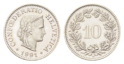 Швейцария 10 раппенов 1991 B KM 27 медно-никель 4708-234