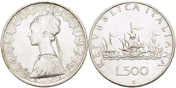 Италия 500 лир 1959 R, корабли Колумба KM 98 серебро 79-221