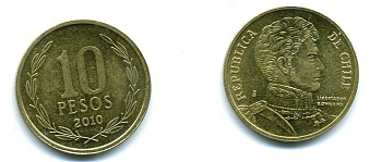 ЧИЛИ 10 ПЕСО 2010 ГЕНЕРАЛ БЕРНАРДО О ХИГГИНС KM 228.2 никель-бронза 37-915