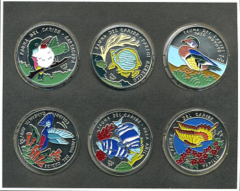 Куба набор из 6 монет по 1 песо 1996 серия карибская фауна эмаль KM 549, 550, 551, 552. 562, 565 UNC 7-5-1-12