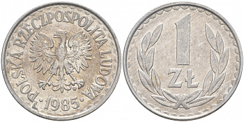 Польша 1 злотый 1985 MW, Народная Республика KM 49.1, Parchimowicz 213x алюминий 68-436