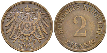 ГЕРМАНИЯ 2 ПФЕННИГА 1911 G KM 16, J. 11, Weege 4 медь 206-565
