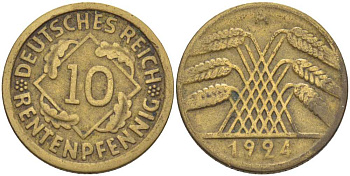 ГЕРМАНИЯ 10 РЕНТЕНПФЕННИГОВ 1924 A KM 33, J.309, Weege 8 алюминиевая бронза 202-241