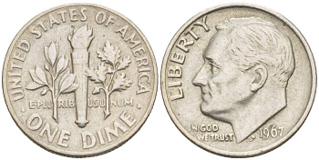 США 10 центов (дайм) 1967 Рузвельт KM 195a медь плакированная медно-никелем 4551-147