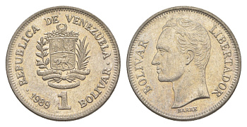 Венесуэла 1 боливар 1989 Симон Боливар, тонкий шрифт Y 52a.1 сталь плакированная никелем 4589-512