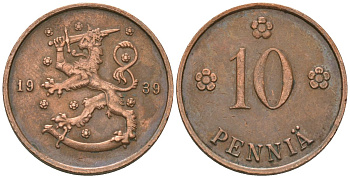 Финляндия 10 пенни 1939 KM 24 медь 4589-427