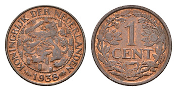 Нидерланды 1 цент 1938 Вильгельмина (1890-1948) KM 152 бронза UNC 44-1067