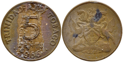 Тринидад и Тобаго 5 центов 1966 герб KM 2 бронза 4396-1049