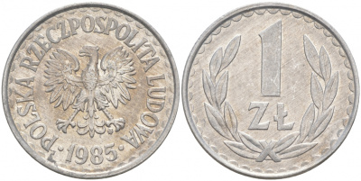 Польша 1 злотый 1985 MW, Народная Республика KM 49.1, Parchimowicz 213x алюминий 68-436