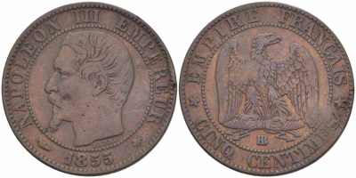 Франция 5 сантимов 1855 BB, Наполеон III (1852-1870) KM 777.3, LE FRANC 116.20 бронза 108-324
