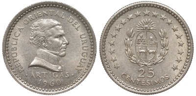 Уругвай 25 сентесимо 1960 KM 40 медно-никель 4580-1265