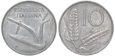 Италия 10 лир 1953 R, плуг, колосья KM 93 алюминий 4163-352