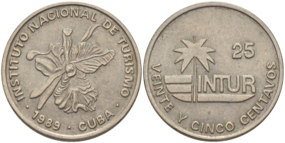 Куба 25 сентаво 1989 туристические деньги, INTUR, цифры номинала маленькие KM 418.2 медно-никель 67-1143