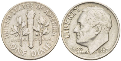 США 10 центов (дайм) 1967 Рузвельт KM 195a медь плакированная медно-никелем 4551-147