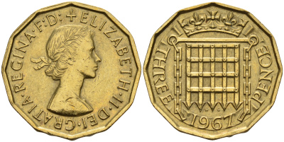 Великобритания 3 пенса 1967 Елизавета II (1952-2022) KM 900, Spink 4153 никель латунь  4153-334