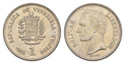 Венесуэла 1 боливар 1989 Симон Боливар, тонкий шрифт Y 52a.1 сталь плакированная никелем 4589-512