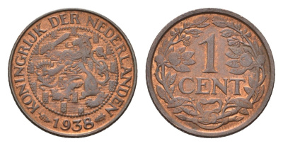 Нидерланды 1 цент 1938 Вильгельмина (1890-1948) KM 152 бронза UNC 44-1067
