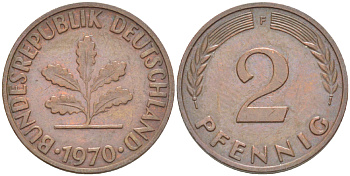 ФРГ 2 ПФЕННИГА 1970 F KM 106а, J. 381а сталь плакированная сталь плакированная медьюю 4181-761