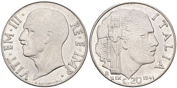 ИТАЛИЯ 20 ЧЕНТЕЗИМО 1941 R, ГОД XIX, ВИКТОР ЭММАНУИЛ III (1900-1946) KM 75b, VEM3. 1028 нержавеющая сталь 3853-933