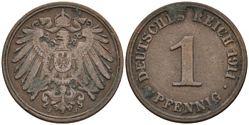 Германия 1 пфенниг 1911 J KM 10, J. 10 медь 4576-163