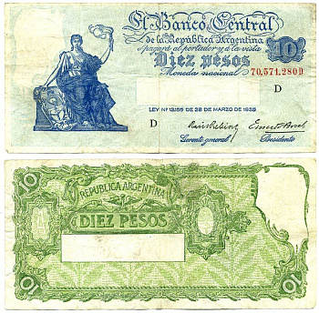 АРГЕНТИНА 10 ПЕСО 1940 ГОЛУБАЯ БУМАГА, СЕРИЯ D, НОМЕР 70571 Pick 253a бумага 7485-25-1