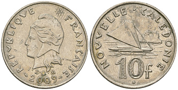 Французская Новая Каледония 10 франков 2009 рыбачья парусная лодка, (IEOM) KM 11a, Schoen 13a, Lec 99k медно-никель 62-1227