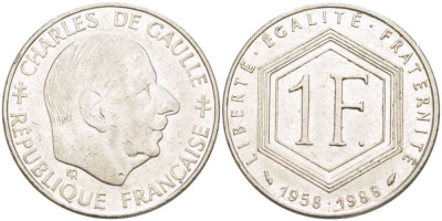 ФРАНЦИЯ 1 ФРАНК 1988 ШАРЛЬ ДЕ ГОЛЬ, 30 ЛЕТ РЕСПУБЛИКЕ (1958-1988) KM 963, LE FRANC 227.2 никель 4519-837