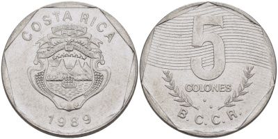 КОСТА-РИКА 5 КОЛОН 1989 v KM 214.1 нержавеющая сталь 67-956
