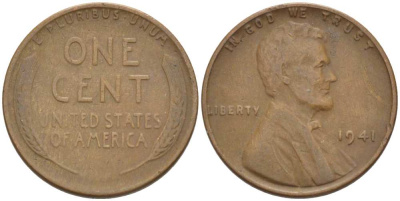 США 1 ЦЕНТ 1941 ЛИНКОЛЬН KM 132 бронза 218-414
