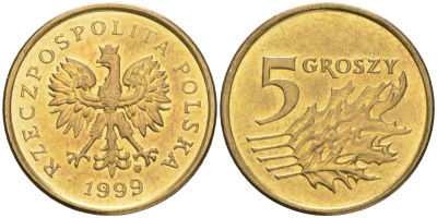 Польша 5 грошей 1999 MW KM 278, Parchimowicz 703f латунь UNC 4516-1237