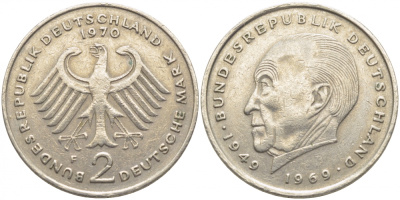 ФРГ 2 МАРКИ 1970 F, КОНРАД АДЕНАУЭР KM 124, J. 406 медно-никель плакированный никелем 3856-242