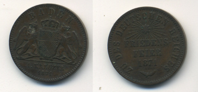 Баден 1 крейцер 1871 победа в войне с Францией KM 252, Wielandt 1134, AKS 141, J. 88 медь 36-1236