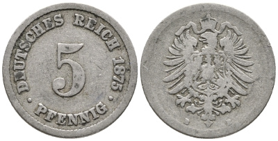 ГЕРМАНИЯ 5 ПФЕННИГОВ 1875 B, СТАРОГЕРБОВКА KM 3, J. 3 медно-никель 39-337