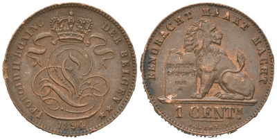 Бельгия 1 сантим 1894 Belgen, Леопольд II (1865-1909) KM 34.1 медь aUNC 4621-641
