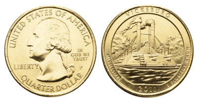 США 1/4 доллара (25 центов) 2011 Квотеры «Парки США» - Национальный парк Виксбург KM 497 медь плакированная золотом UNC 11-265-51