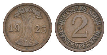 Германия 2 рентенпфеннига 1923 A KM 31, J.307, Weege 3 медь 4639-1229