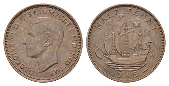 Великобритания 1/2 пенни 1945 Георг VI (1936-1952) KM 844, Spink 4115 бронза    4660-622