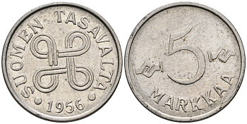 Финляндия 5 марок 1956 KM 37a никелированное железо 4585-927
