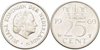 Нидерланды 25 центов 1969 Юлиана (1948-1980) KM 183 никель 214-955