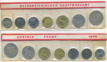 Австрия набор из 7 монет  1979  2, 5, 10, 50 грошей, 1, 5, 10 шиллингов, в целлофане KM PS 39 PROOF 4399-9-2