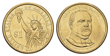 США 1 доллар 2012 D, Президент США - Гровер Кливленд (1885–1889) KM 525 медь с марганцево-латунным покрытием UNC 4629-316