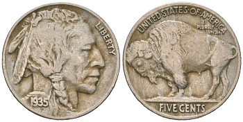 США 5 центов 1935 индеец, бизон KM 134 медно-никель 4614-1211