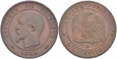 ФРАНЦИЯ 10 САНТИМОВ 1855 D, НАПОЛЕОН III (1852-1870) KM 771.4, LE FRANC 133.25 бронза 38-1043