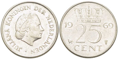 Нидерланды 25 центов 1969 Юлиана (1948-1980) KM 183 никель 214-955