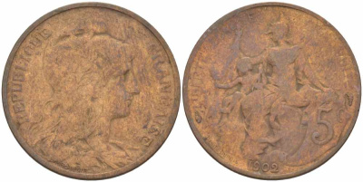 ФРАНЦИЯ 5 САНТИМОВ 1902 ТИП ДАНИЭЛЬ ДЮПЮИ KM 842, LE FRANC 119.12 бронза 108-916