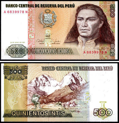 Перу 500 инти 1987 Хосе Габриель, Тупак Амару II, южноамериканский революционер, организатор восстания коренных народов против испанских колониальных властей в перу, альпинисты на восхождении Pick 134 b бумага UNC (пресс) 402-49-2-2