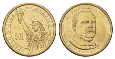 США 1 доллар 2012 D, Президент США - Гровер Кливленд (1885–1889) KM 525 медь с марганцево-латунным покрытием UNC 4629-316